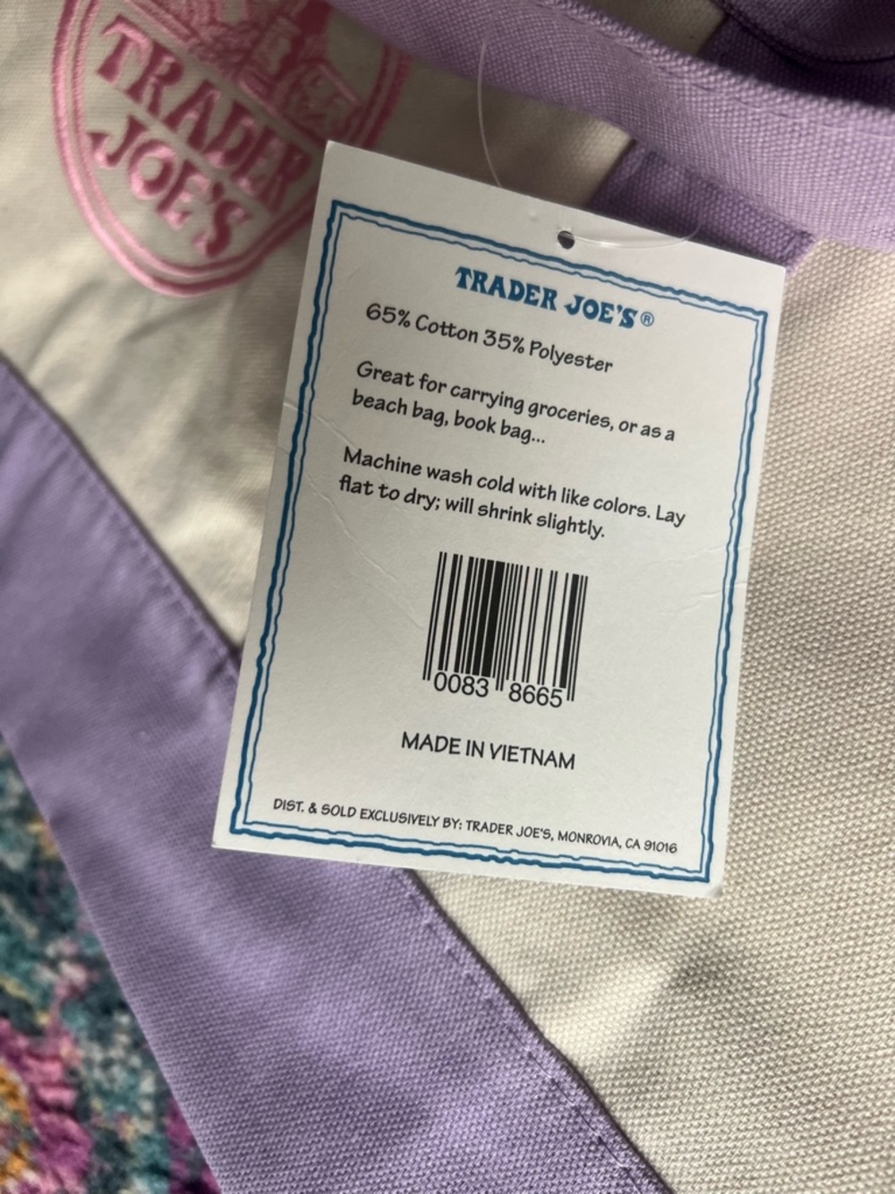 Large Trader Joe's Lavender & Cream Canvas Tote - Picture 3 of 3